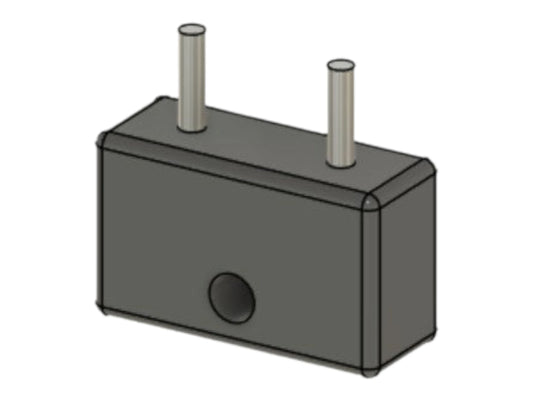 CAD render of the Kross Airsoft Design Balystik regulator key, a rectangular block with two locating pins