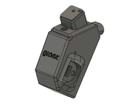 CAD render of the Kross Airsoft Design Glock and AAP-01 angled HPA adapter, marked Glock on the side
