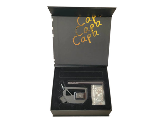 Kross Airsoft Design Skelly Hi-Capa adapter in black, shown in its lined presentation box with a KAD card