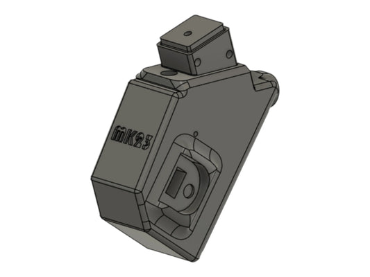 CAD render of the Kross Airsoft Design MK23 angled M4 HPA adapter, marked MK23 on the body