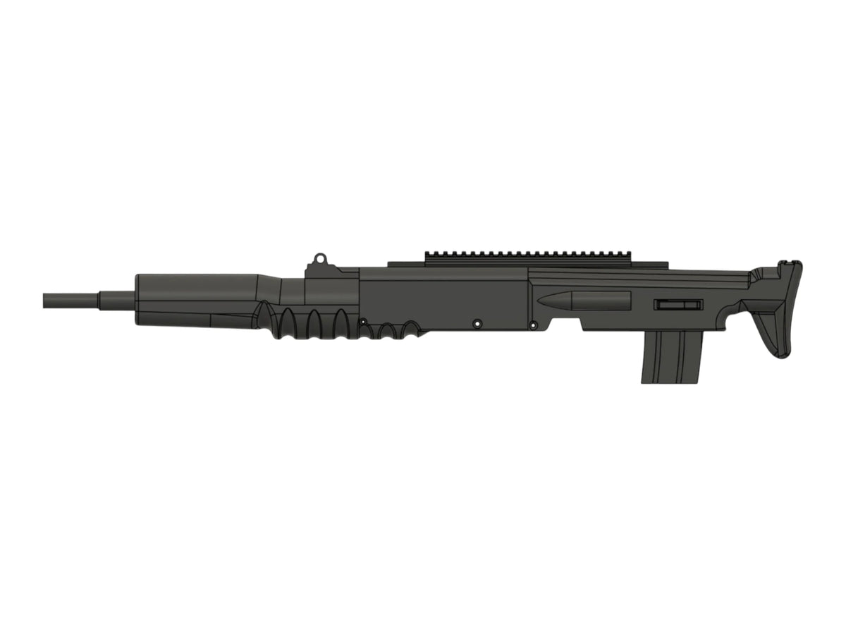 CAD render of the Kross Airsoft Design MK23 EM2 carbine kit assembled, viewed from the left