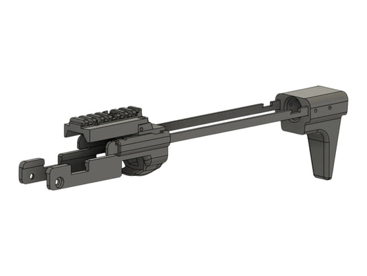 CAD render of the Kross Airsoft Design MK23 pop stock extended, with its rail section and folding arm