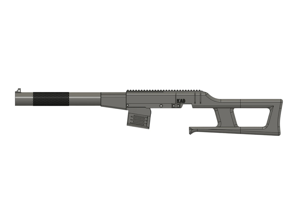 CAD render of the Kross Airsoft Design MK23 VSS kit assembled, viewed from the left