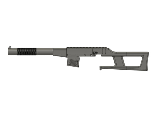 CAD render of the Kross Airsoft Design MK23 VSS kit assembled, viewed from the left