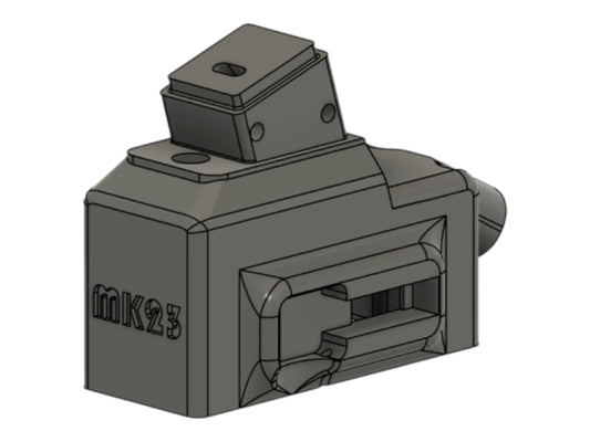 CAD render of the Kross Airsoft Design MK23 and SSX23 HPA M4 magazine adapter, marked MK23