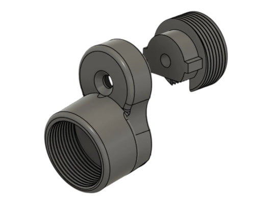 CAD render of the Kross Airsoft Design MTW drop stock from a second angle, body and end cap apart