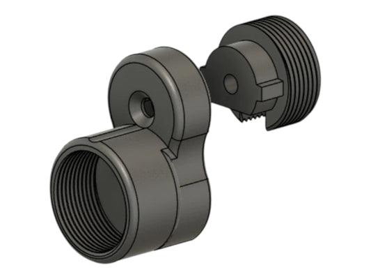CAD render of the Kross Airsoft Design MTW drop stock, showing the threaded body and end cap separated