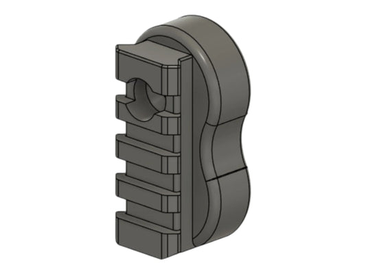 CAD render of the Kross Airsoft Design MTW picatinny stock adapter, showing the rail slots and bore