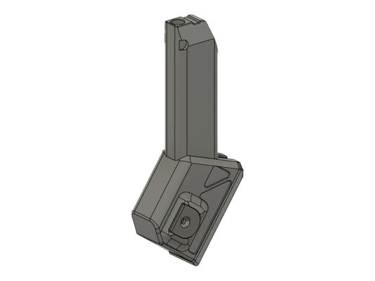 CAD render of the Kross Airsoft Design PTX magazine adapter in the angled M4 configuration