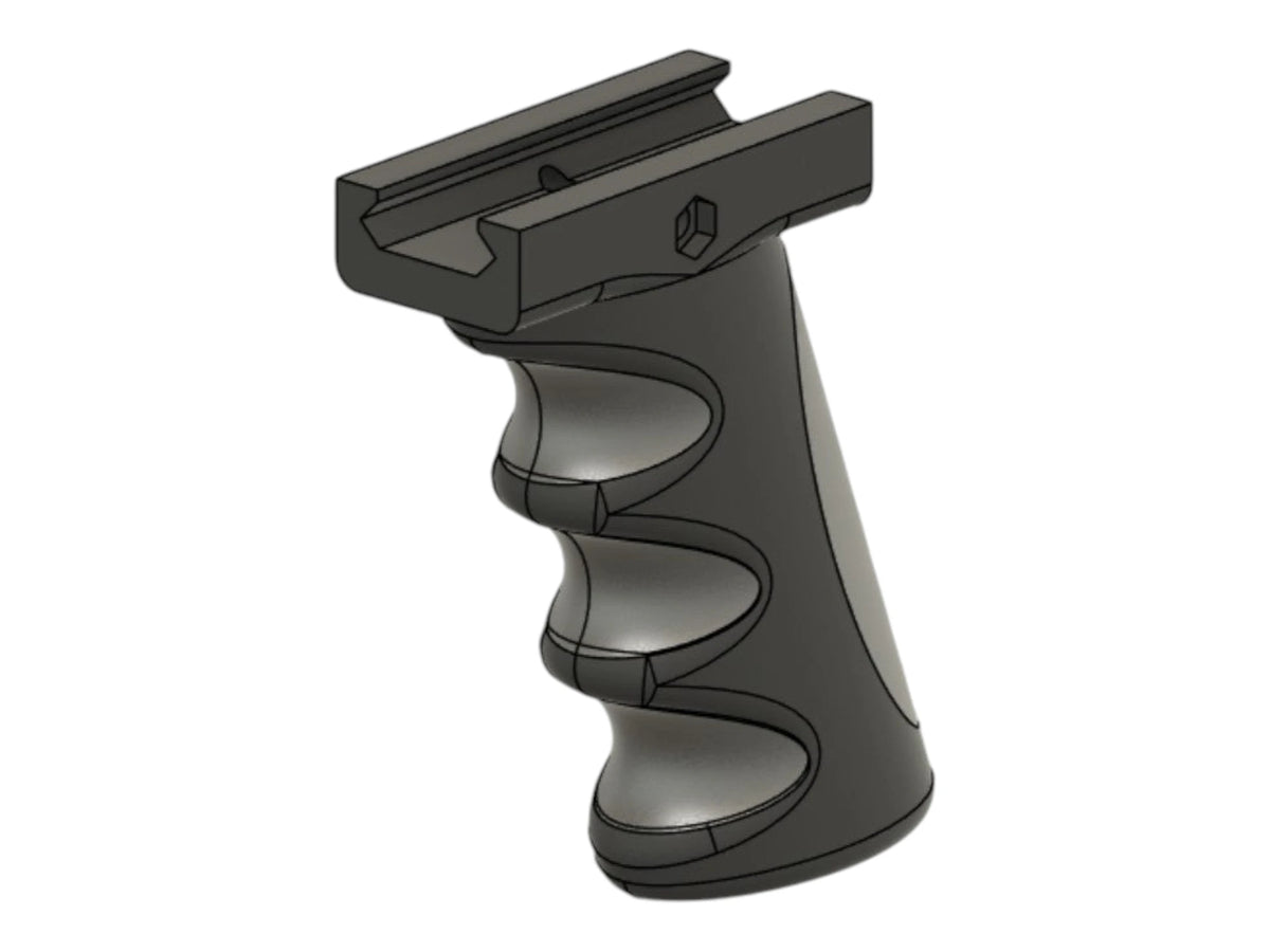 CAD render of the Kross Airsoft Design picatinny finger grip, showing the finger grooves and rail clamp