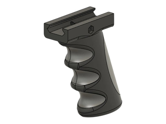 CAD render of the Kross Airsoft Design picatinny finger grip, showing the finger grooves and rail clamp