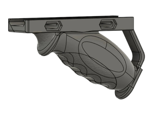 CAD render of the Kross Airsoft Design picatinny angled grooved foregrip, showing the finger grooves