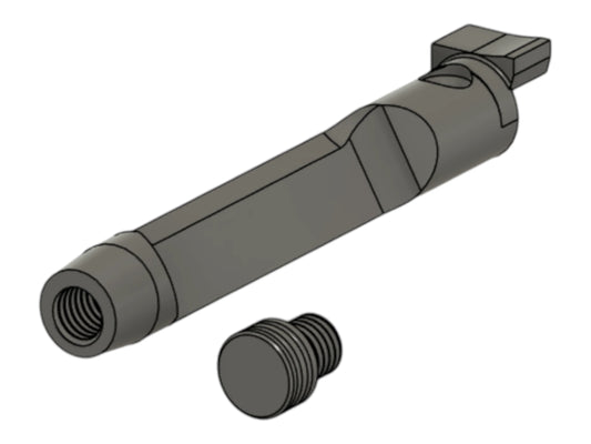 CAD render of the Kross Airsoft Design TM Saiga titanium bolt shown with its threaded end plug