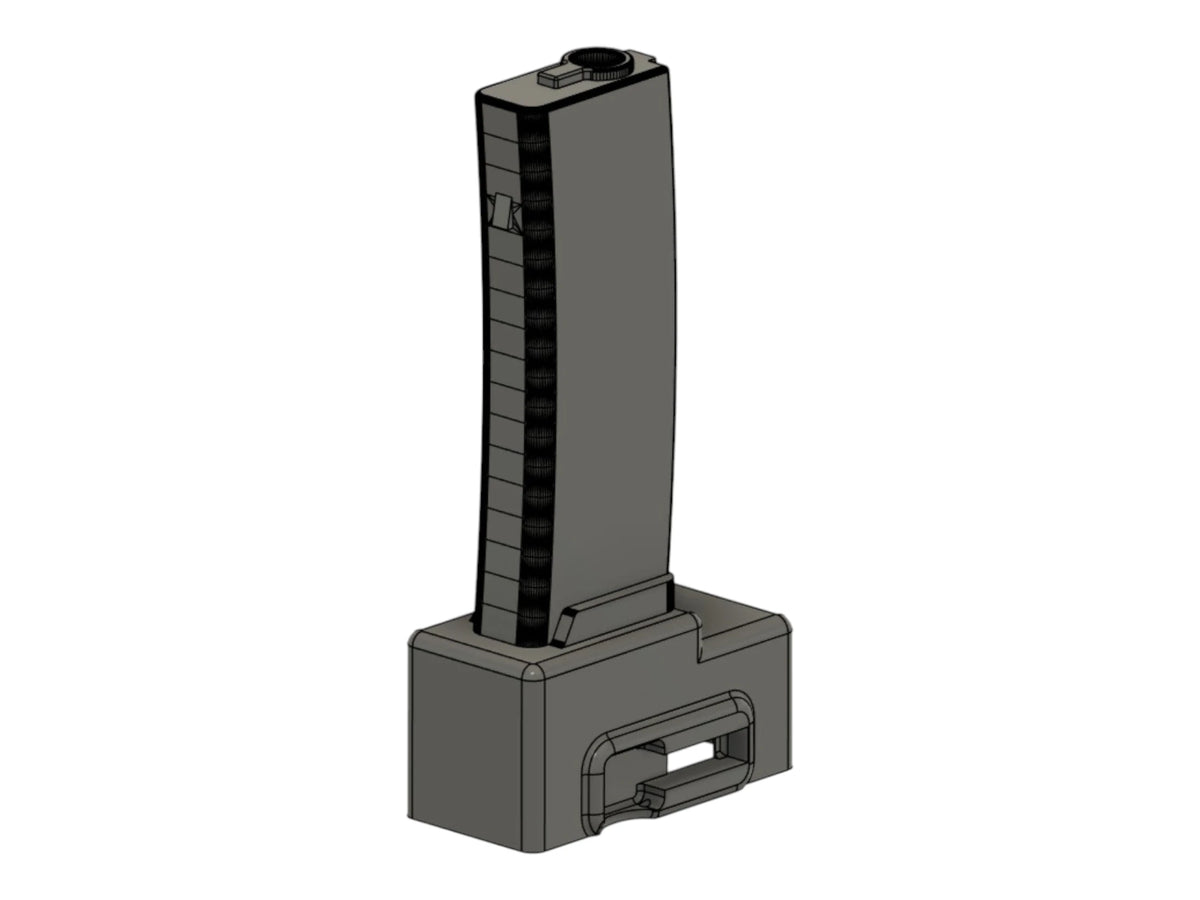 CAD render of the Kross Airsoft Design Tokyo Marui MP7 AEG adapter with the magazine upright in the base
