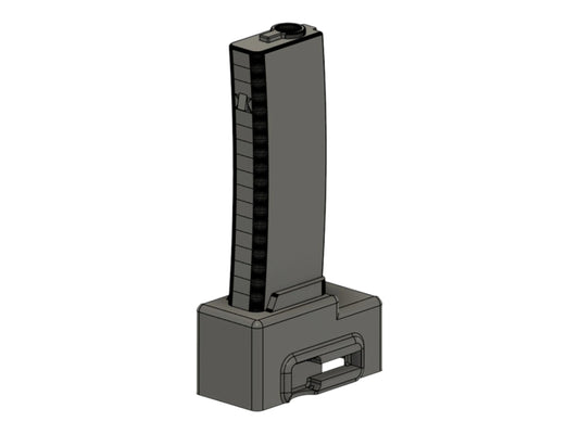 CAD render of the Kross Airsoft Design Tokyo Marui MP7 AEG adapter with the magazine upright in the base