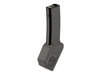 CAD render of the Kross Airsoft Design Tokyo Marui MP7 AEG adapter with an MP7 magazine fitted