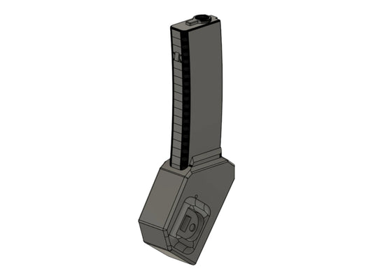 CAD render of the Kross Airsoft Design Tokyo Marui MP7 AEG adapter with an MP7 magazine fitted
