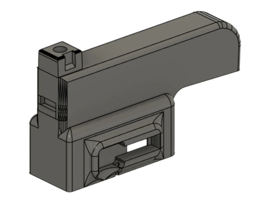 CAD render of the Kross Airsoft Design VSR to M4 magazine adapter with an M4 magazine well fitted