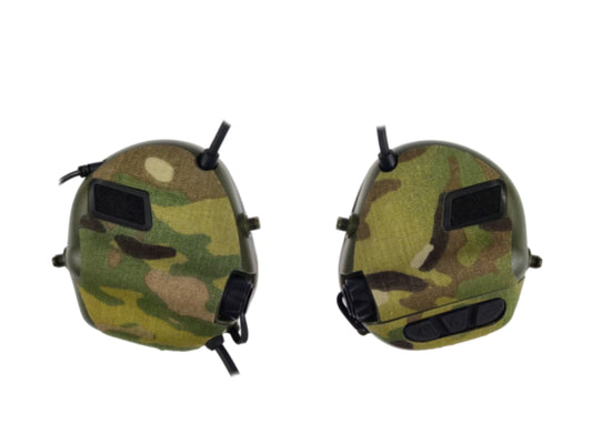 Earmor M32 Plus ear cups wrapped in multicam Kydex Customs vinyl, shown from the front and the side
