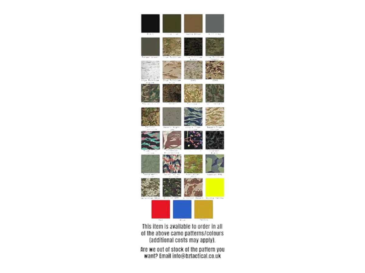 Swatch chart of Kydex Customs wrap finishes in camo, solid and bright colours for the Earmor M32 Plus