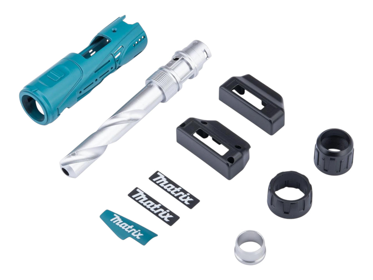 Matrix Drill conversion kit parts laid out: blue shroud, drill-bit barrel, mounts and decals