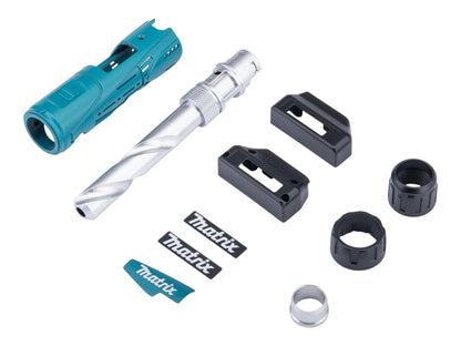 Matrix Drill conversion kit parts laid out: blue shroud, drill-bit barrel, mounts and decals