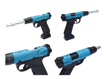 Matrix Drill AAP-01 conversion kit built up, shown from four angles in Matrix blue