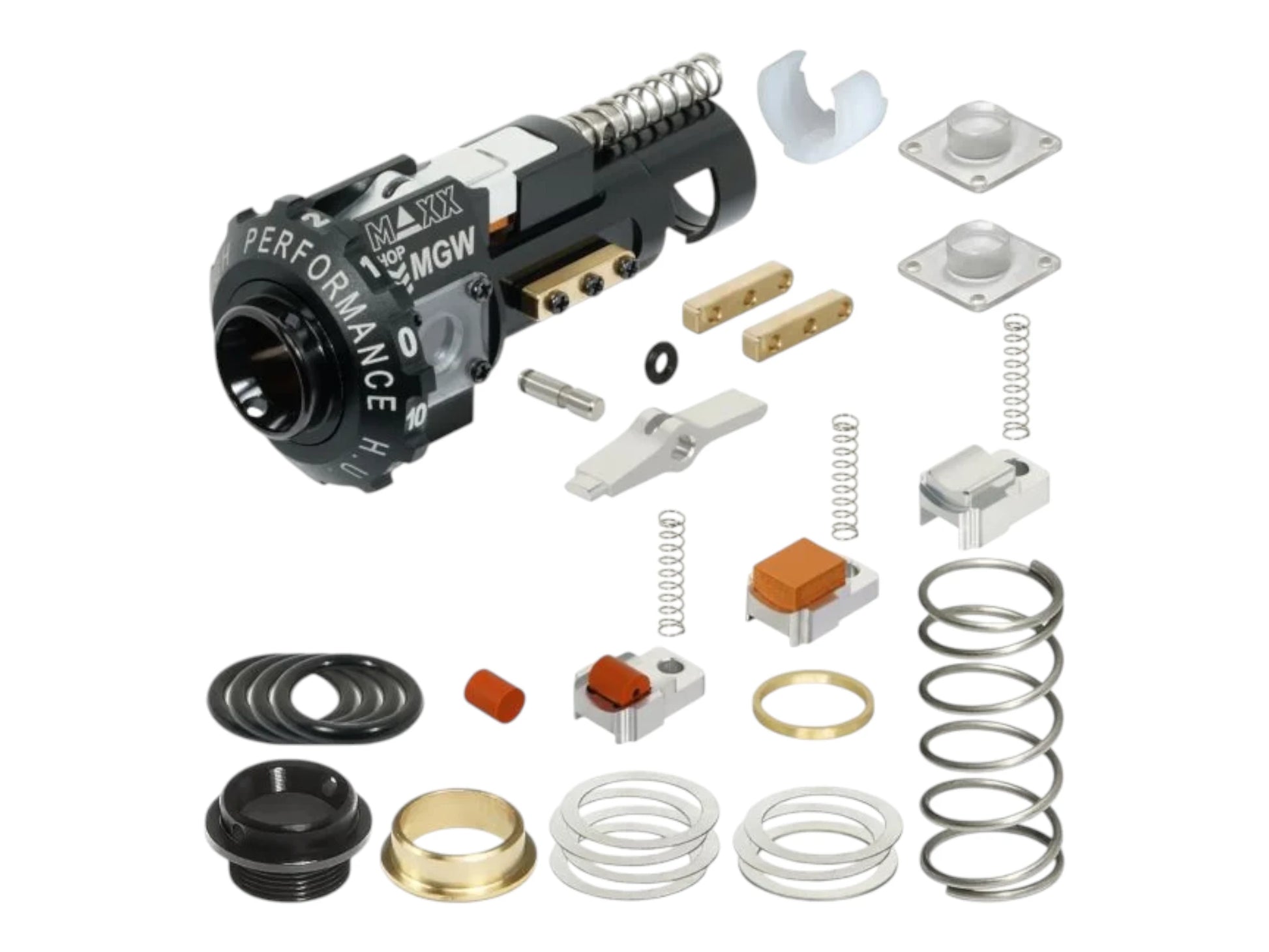 Maxx MGW hop-up chamber with the full kit contents laid out, including hop arms, springs and hardware
