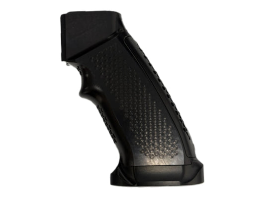 Monk Customs ESG grip for the Heretic Labs Article I in black, angled profile with a stippled texture