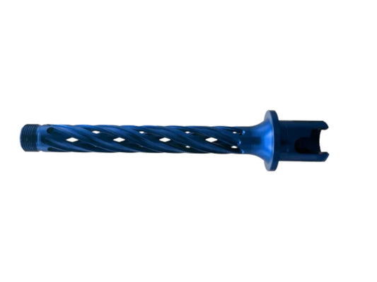 Monk Customs Helix outer barrel in blue, a spiral-fluted barrel with a slotted muzzle end