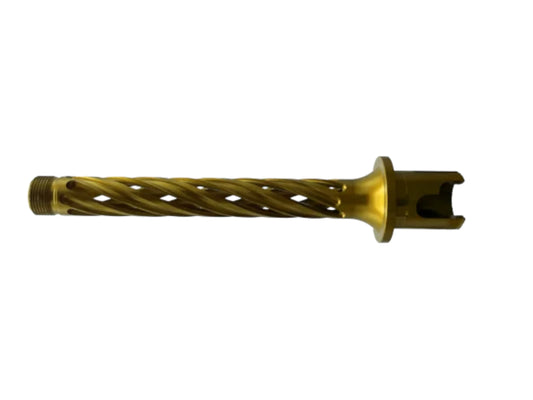 Monk Customs Helix outer barrel in gold, a spiral-fluted barrel with a slotted muzzle end
