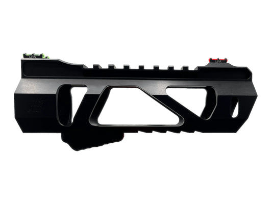 Monk Customs Vayu hand guard in black, side view showing the picatinny rail and large triangular cut-outs