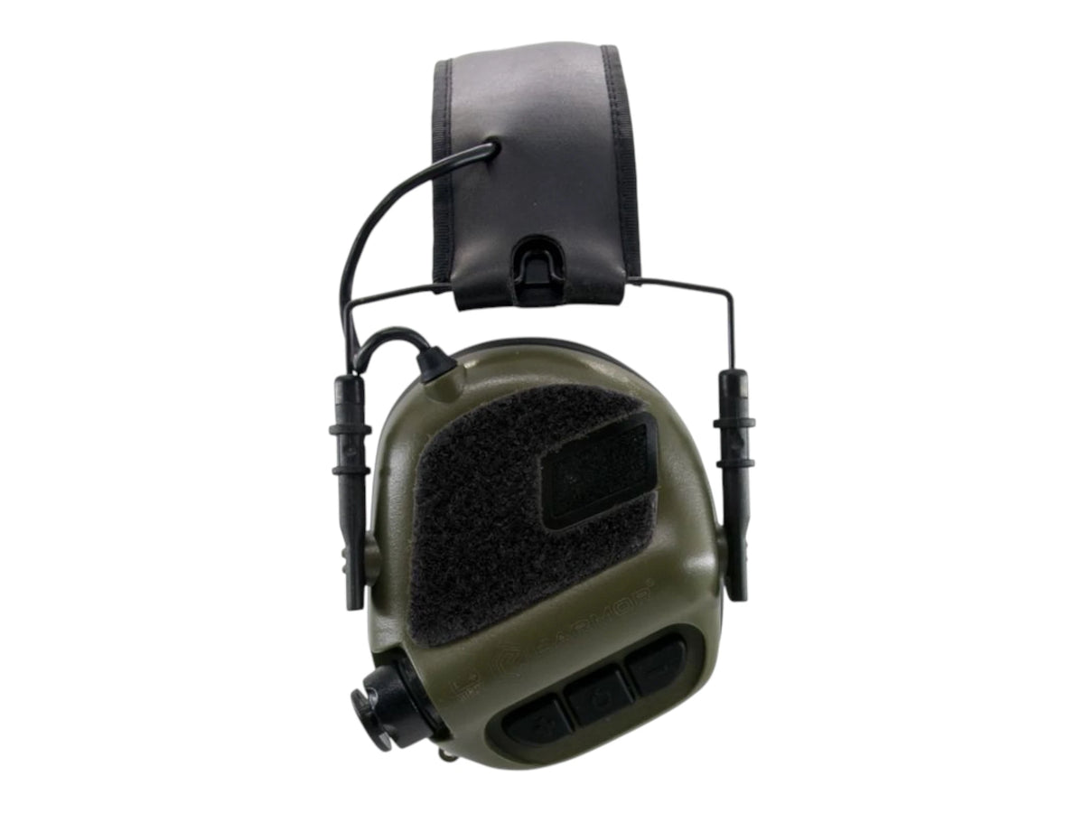 Rear view of an Earmor M32 Plus ear cup in green with black battery module and helmet mount arms