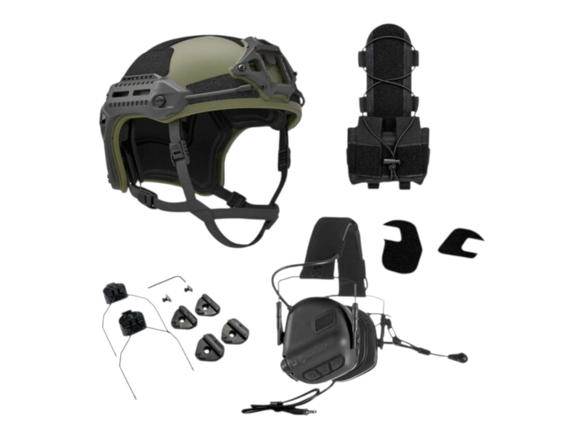 PTS Flux helmet bundle in ranger green with a black Earmor M32 Plus headset, rail adapters and counterweight pouch