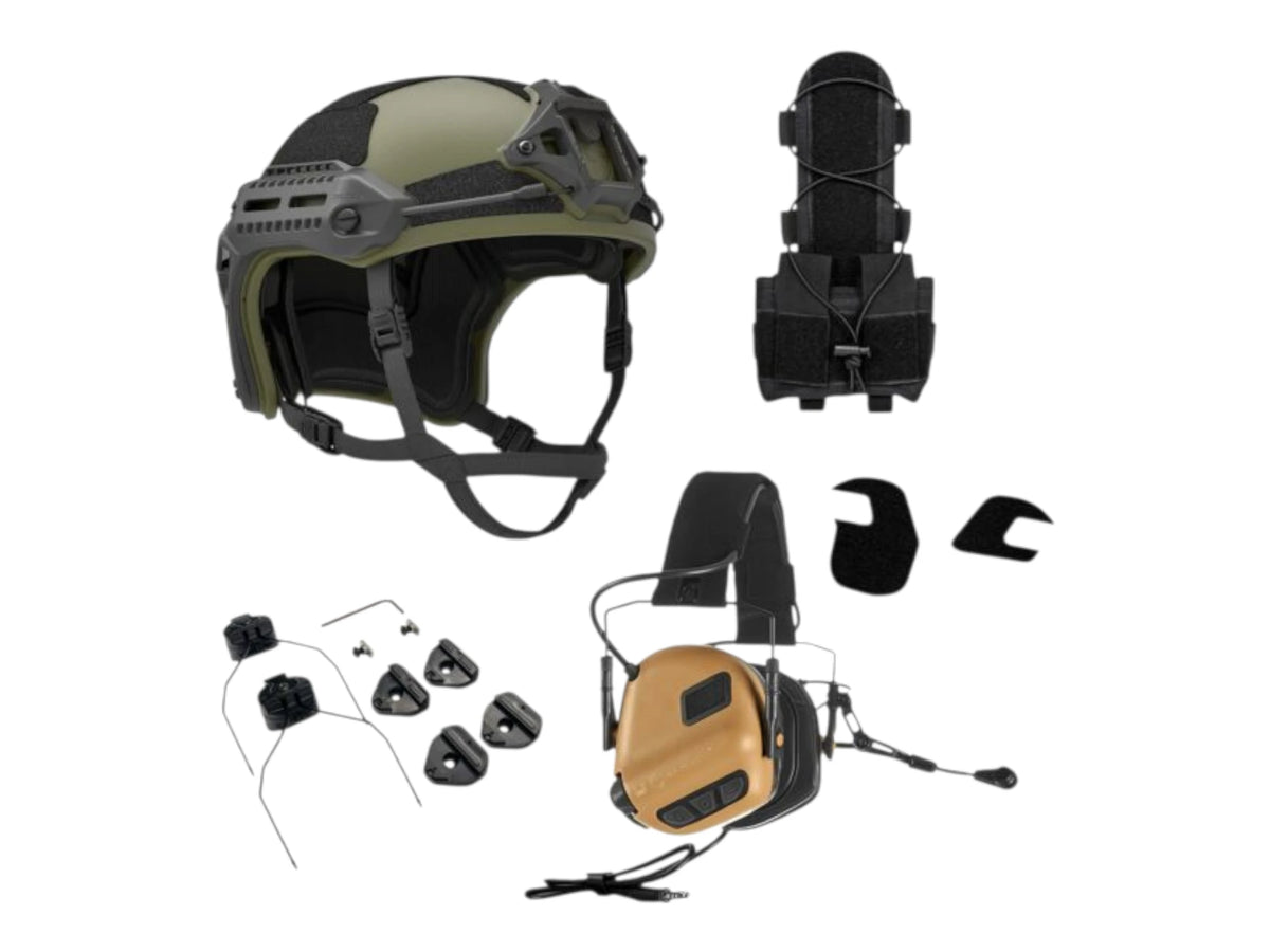 PTS Flux helmet bundle in ranger green with a coyote brown Earmor M32 Plus headset and counterweight pouch