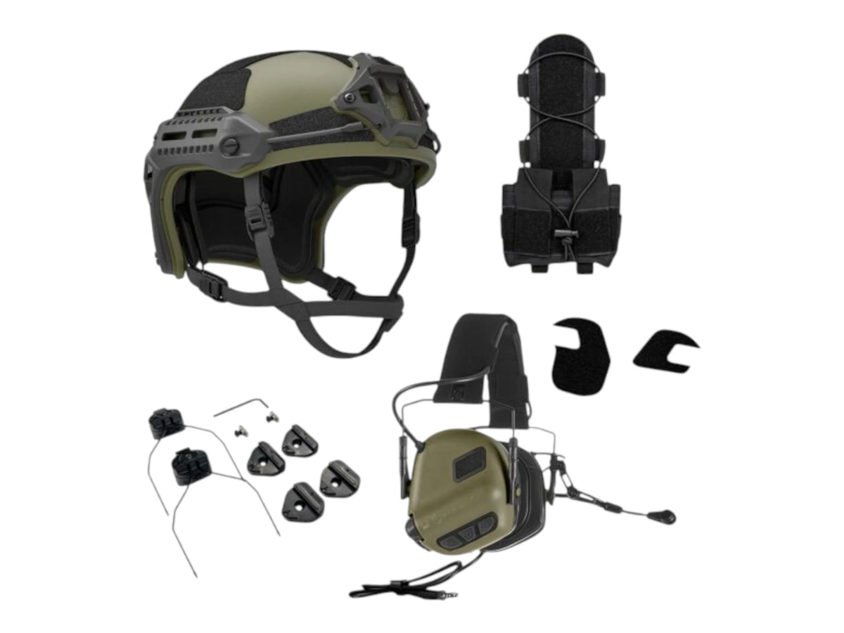 PTS Flux helmet bundle in ranger green with a ranger green Earmor M32 Plus headset and counterweight pouch