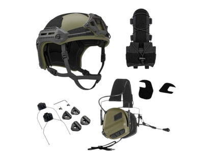 PTS Flux helmet bundle in ranger green with a ranger green Earmor M32 Plus headset and counterweight pouch