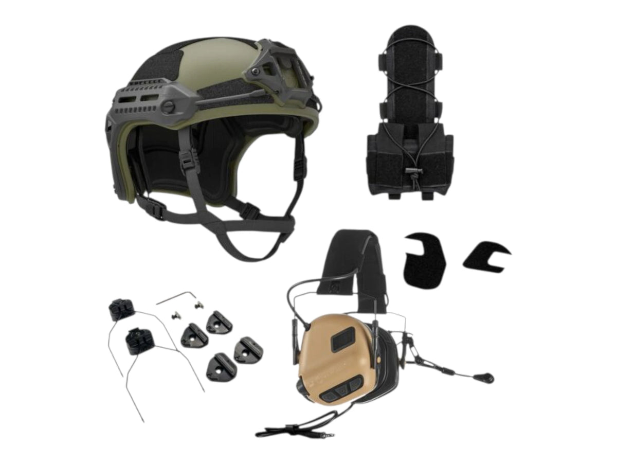 PTS Flux helmet bundle in ranger green with a tan Earmor M32 Plus headset, tan cup covers and counterweight pouch