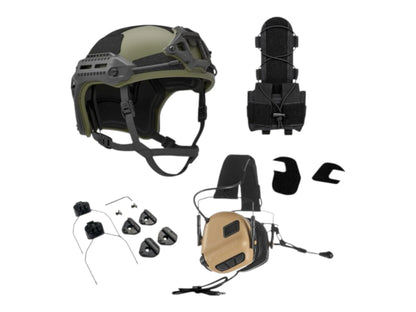 PTS Flux helmet bundle in ranger green with a tan Earmor M32 Plus headset, tan cup covers and counterweight pouch
