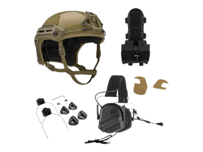 PTS Flux helmet bundle in coyote tan with a black Earmor M32 Plus headset, rail adapters and counterweight pouch