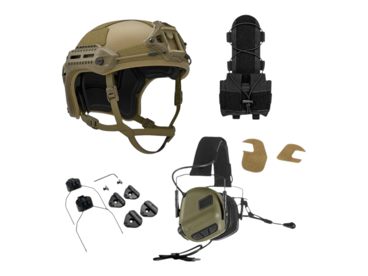 PTS Flux helmet bundle in coyote tan with a ranger green Earmor M32 Plus headset and tan cup covers