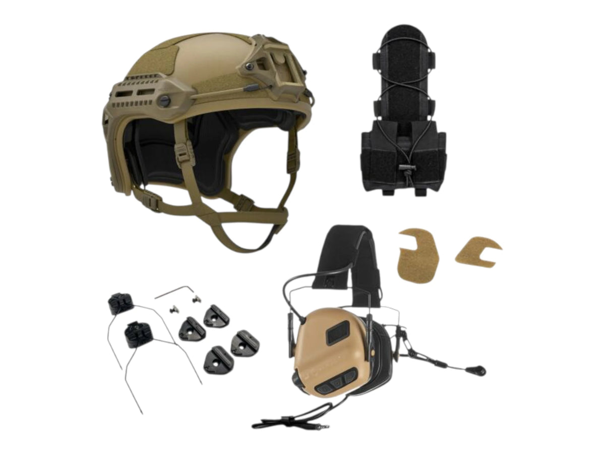 PTS Flux helmet bundle in coyote tan with a tan Earmor M32 Plus headset, rail adapters and counterweight pouch