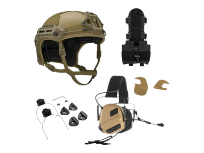 PTS Flux helmet bundle in coyote tan with a tan Earmor M32 Plus headset, rail adapters and counterweight pouch