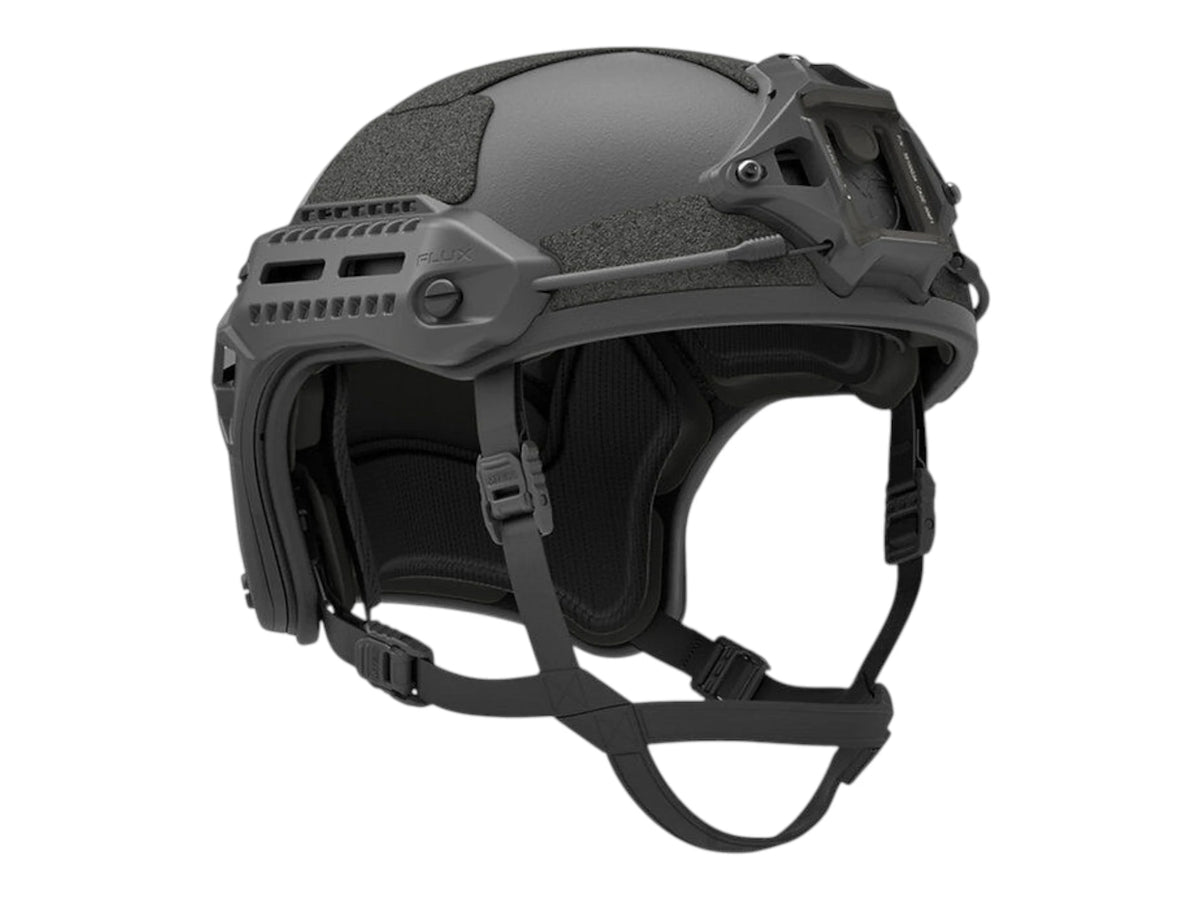Black PTS Flux bump helmet shown front three-quarter with side rails and retention strap