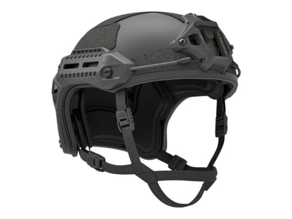 Black PTS Flux bump helmet shown front three-quarter with side rails and retention strap