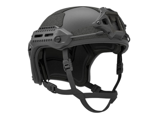 Black PTS Flux bump helmet shown front three-quarter with side rails and retention strap