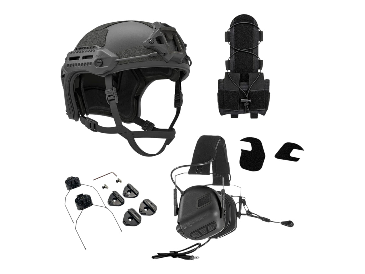 PTS Flux helmet, rear counterweight pouch, ARC rail adapters and Earmor M32 Plus headset laid out as a bundle
