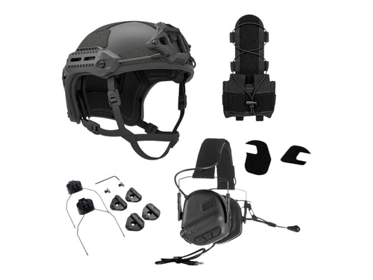 PTS Flux helmet, rear counterweight pouch, ARC rail adapters and Earmor M32 Plus headset laid out as a bundle