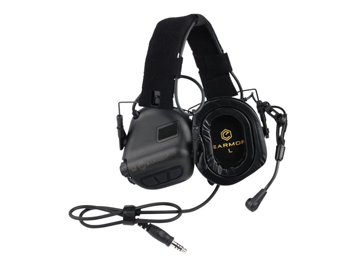 Earmor M32 Plus headset in black with padded headband, boom microphone and downlead