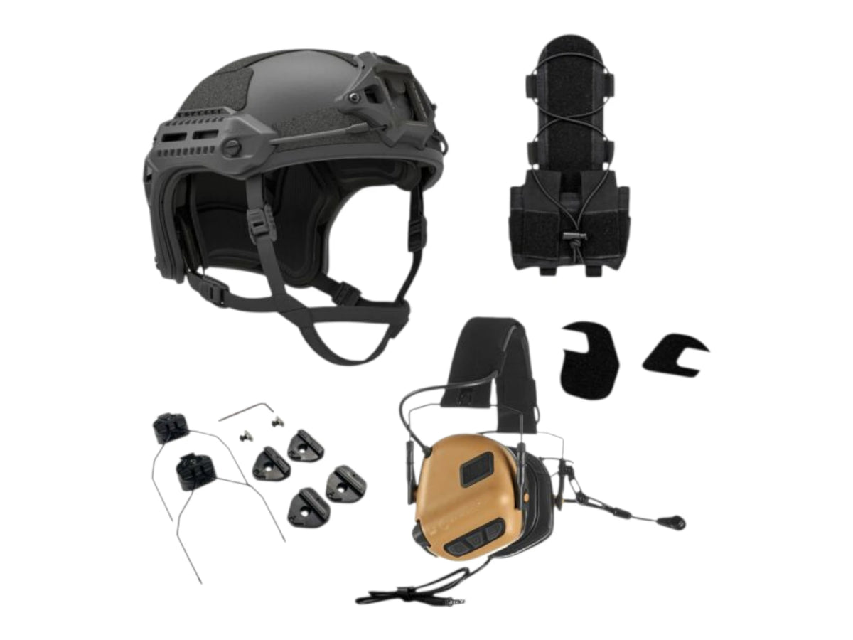 PTS Flux helmet bundle in black with a coyote brown Earmor M32 Plus headset, rail adapters and counterweight pouch